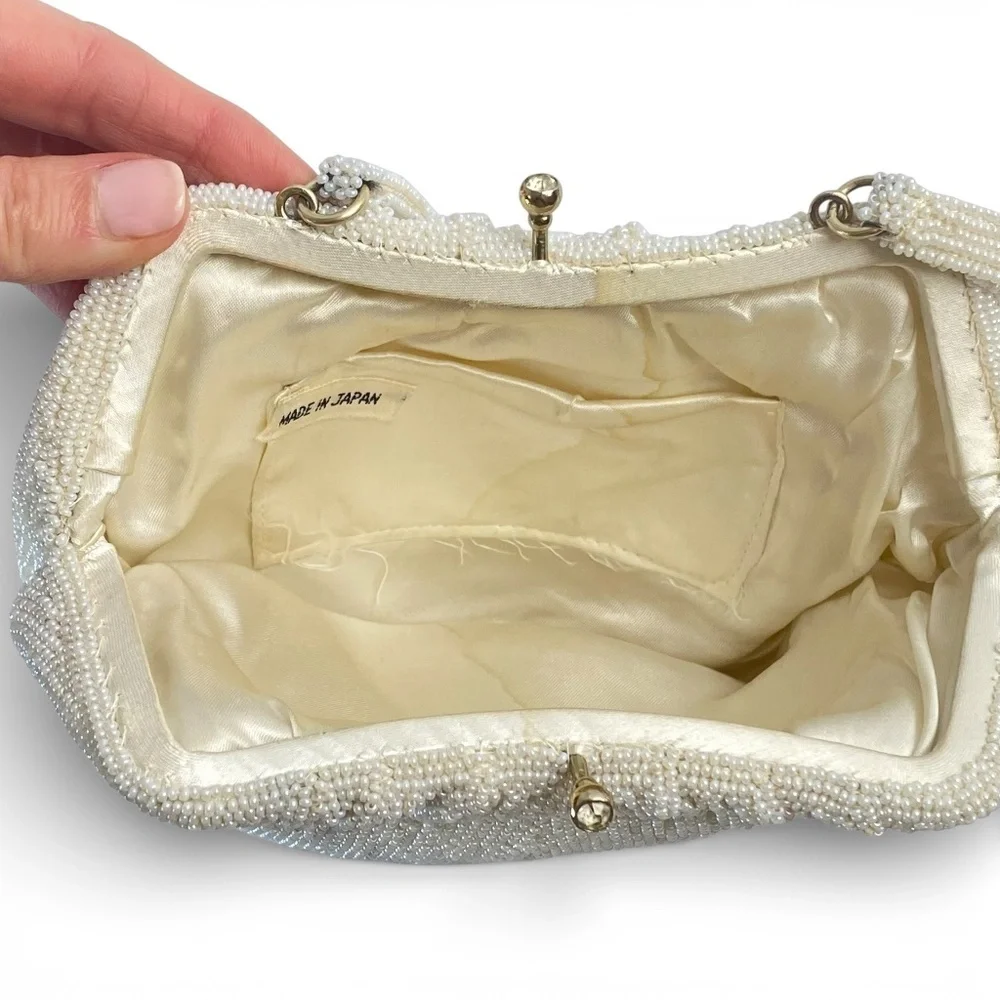 Vtg 50s Made in Japan Off-White Beaded Evening Bag Rhinestone Clasp Bridal